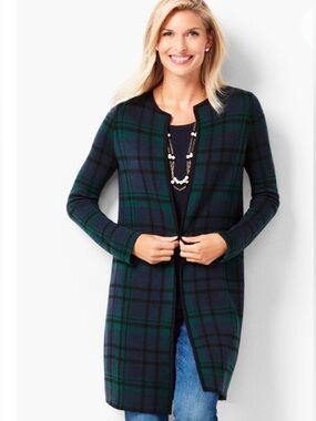 Talbots Green Blue Plaid Merino Wool Open Front Long Cardigan Black Trim NWT